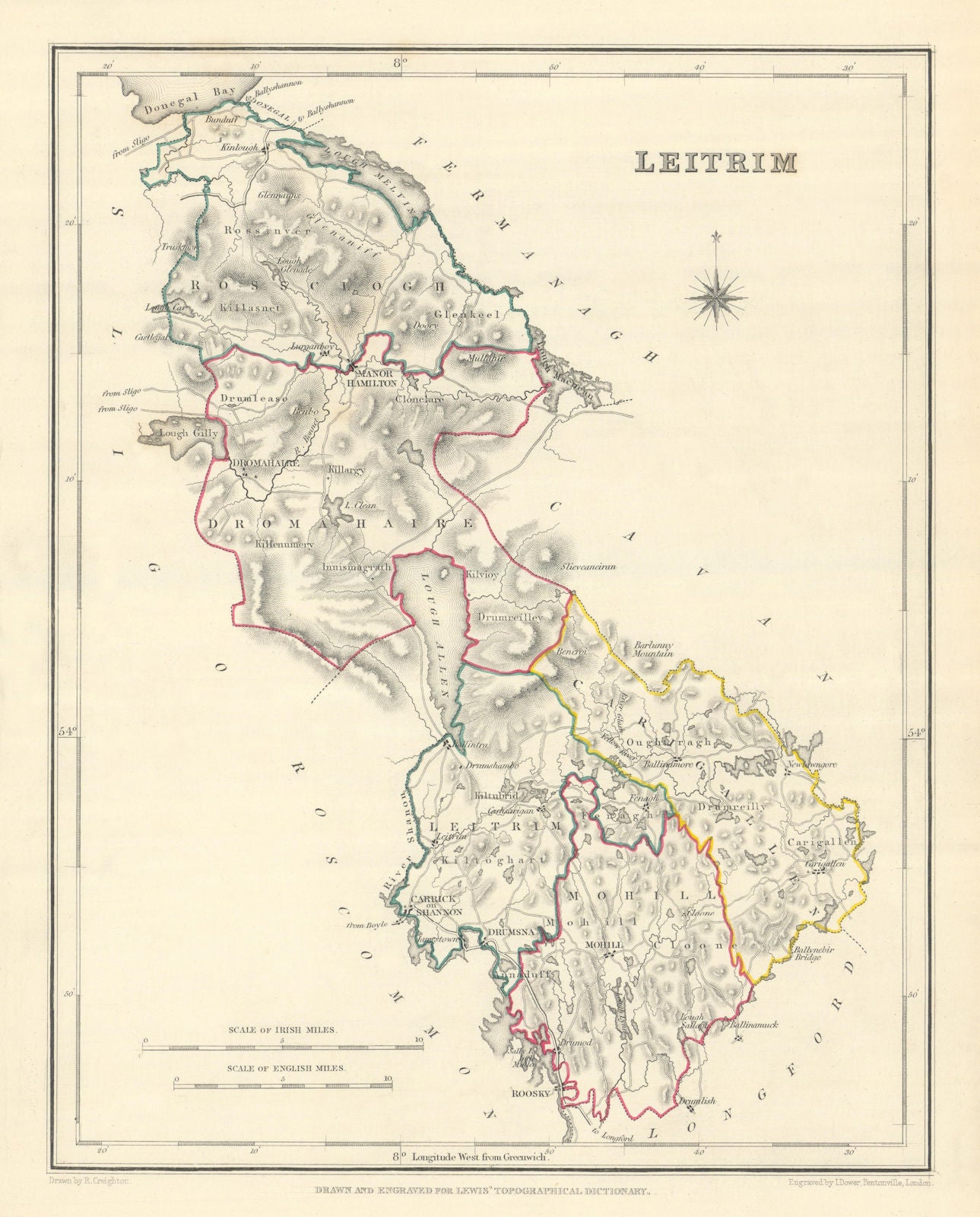COUNTY LEITRIM antique map for LEWIS by CREIGHTON & DOWER. Ireland 1850